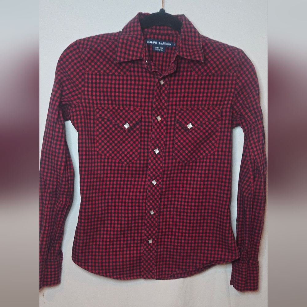 Ralph Lauren Vintage Women's 2 Red Plaid Western Button Up Snap Button Shirt